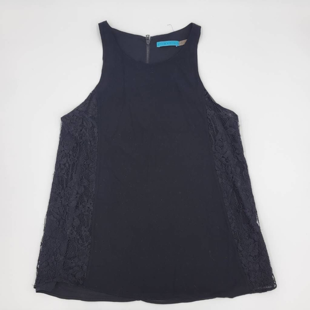 Alice + Olivia Women' Blouse Black Sleeveless Chiffon Scoop Neck Lace Zip Back S